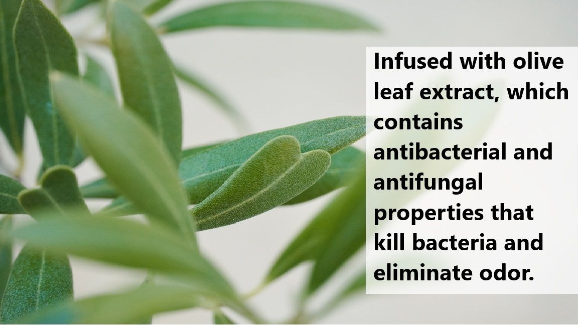Infused with olive leaf extract, which contains antibacterial and antifungal properties that kill bacteria and eliminate odor.